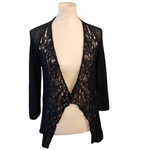 D Exterior Crocheted Knit Cardigan Navy Blue Draped Italian Cardigan Sweater - Picture 2 of 10